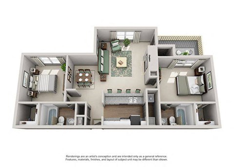 Floor plan for 2 beds, 2 baths, 1100 sqft