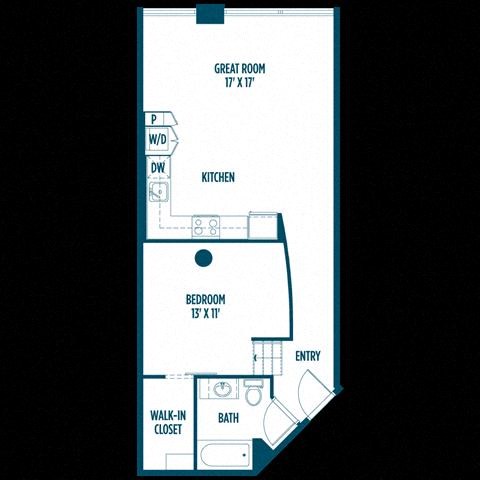 Floor plan for 1 bed, 1 bath, 715 sqft