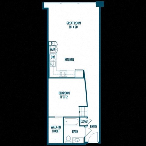 Floor plan for 1 bed, 1 bath, 755 sqft