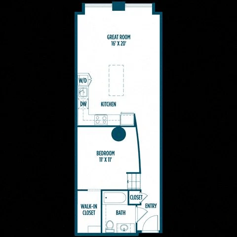 Floor plan for 1 bed, 1 bath, 755 sqft