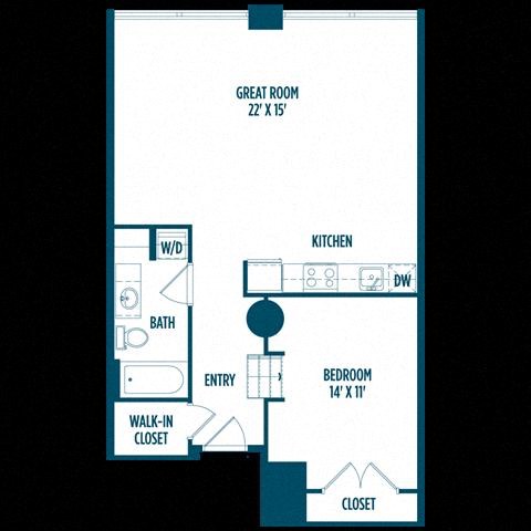 Floor plan for 1 bed, 1 bath, 795 sqft