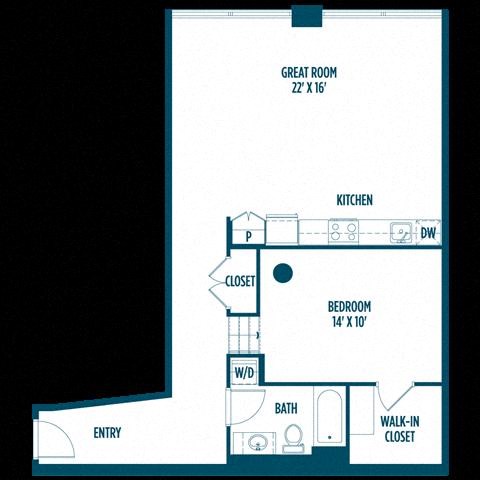 Floor plan for 1 bed, 1 bath, 915 sqft