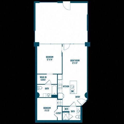 Floor plan for 2 beds, 2 baths, 930 sqft
