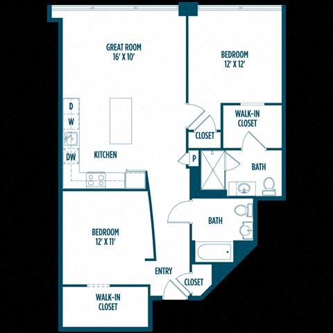 Floor plan for 2 beds, 2 baths, 1100 sqft