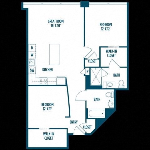 Floor plan for 2 beds, 2 baths, 1100 sqft