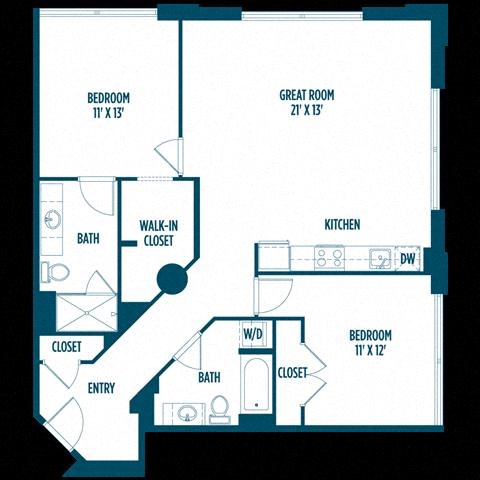 Floor plan for 2 beds, 2 baths, 1215 sqft