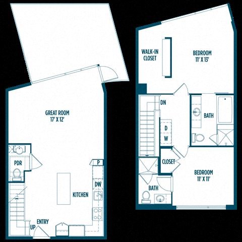 Floor plan for 2 beds, 2.5 baths, 1230 sqft