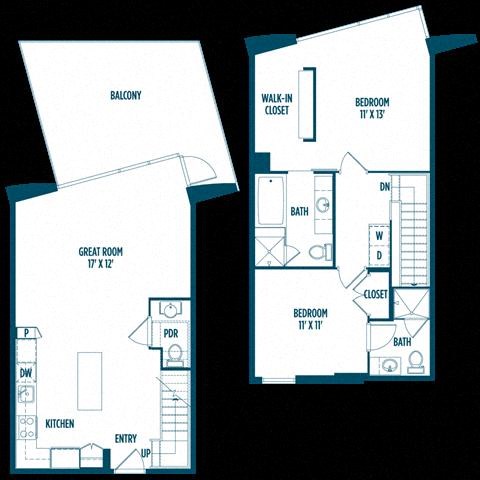 Floor plan for 2 beds, 2.5 baths, 1230 sqft