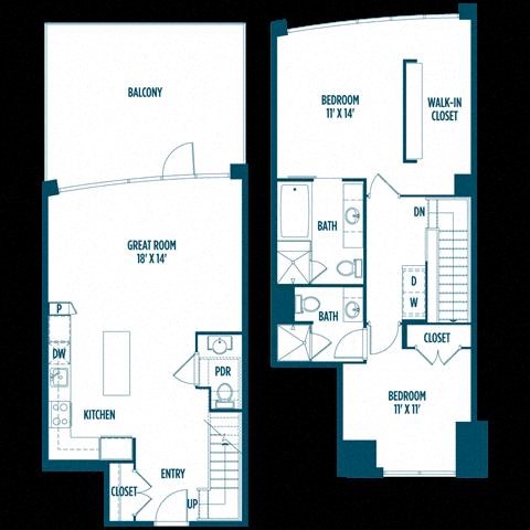 Floor plan for 2 beds, 2.5 baths, 1260 sqft