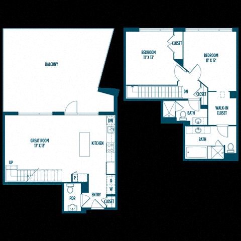 Floor plan for 2 beds, 2.5 baths, 1260 sqft