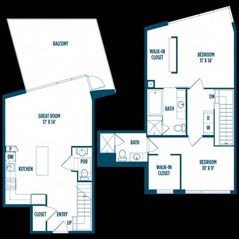 Floor plan for 2 beds, 2.5 baths, 1265 sqft