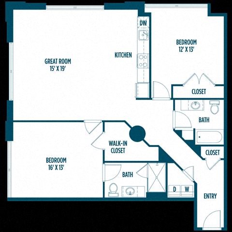 Floor plan for 2 beds, 2 baths, 1315 sqft