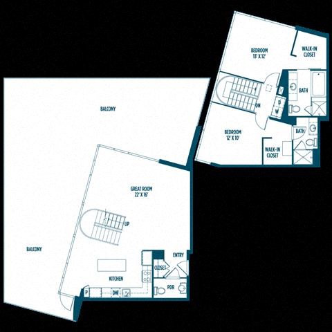 Floor plan for 2 beds, 2.5 baths, 1435 sqft