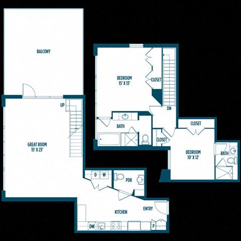 Floor plan for 2 beds, 2.5 baths, 1435 sqft