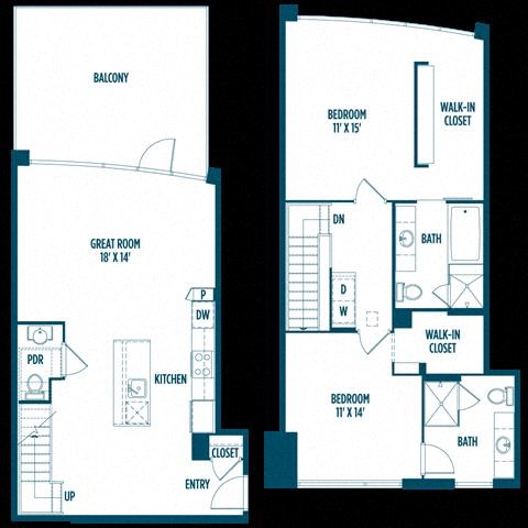 Floor plan for 2 beds, 2.5 baths, 1460 sqft