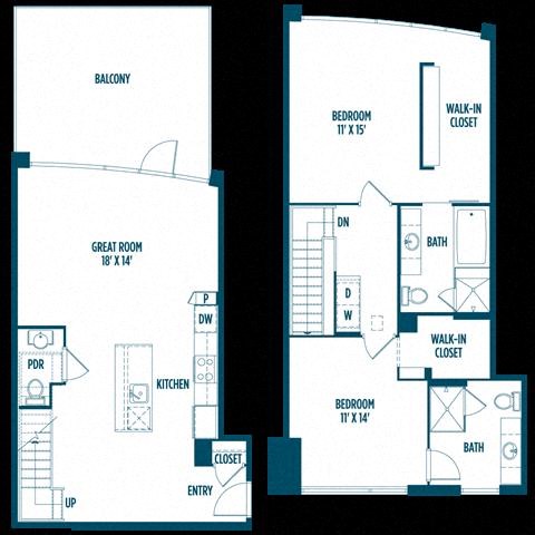 Floor plan for 2 beds, 2.5 baths, 1460 sqft
