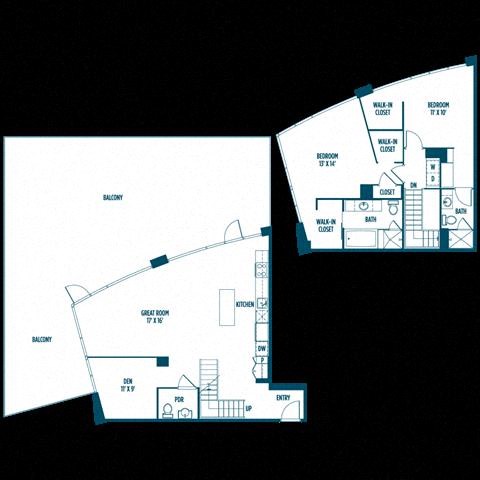 Floor plan for 2 beds, 2.5 baths, 1625 sqft