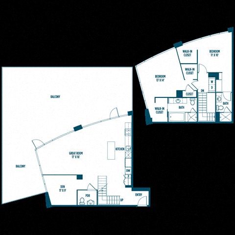Floor plan for 2 beds, 2.5 baths, 1625 sqft