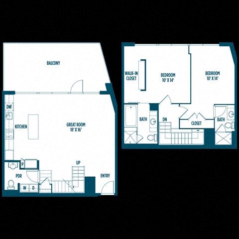 Floor plan for 2 beds, 2.5 baths, 1290 sqft