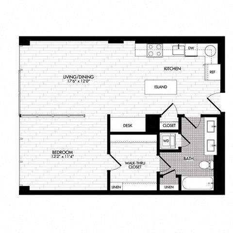 Floor plan for 1 bed, 1 bath, 765 sqft