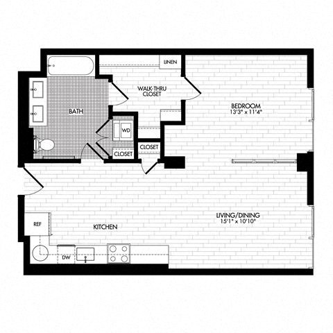 Floor plan for 1 bed, 1 bath, 767 sqft