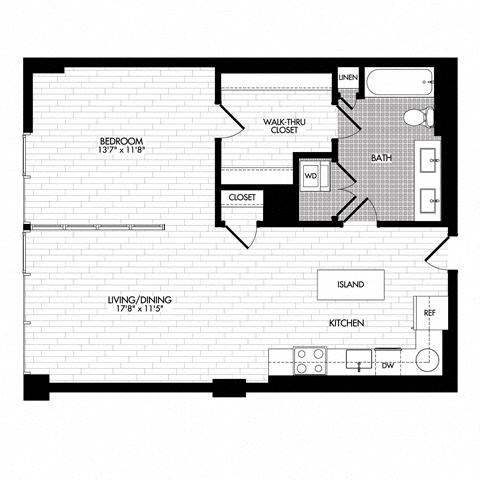 Floor plan for 1 bed, 1 bath, 785 sqft
