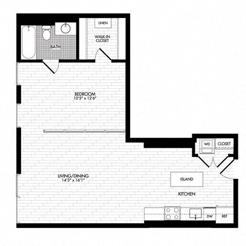 Floor plan for 1 bed, 1 bath, 799 sqft