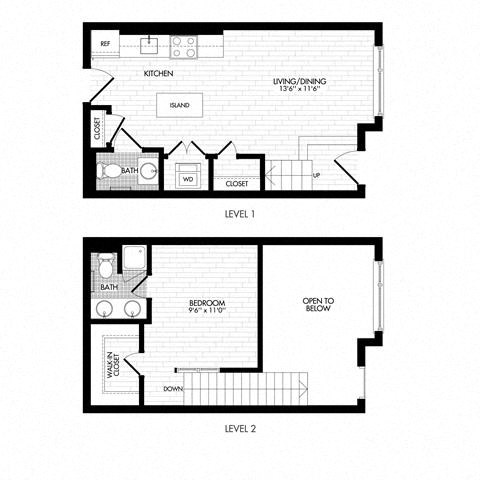 Floor plan for 1 bed, 1.5 baths, 861 sqft