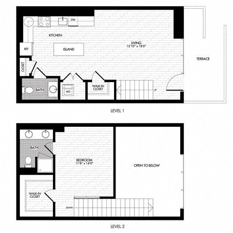 Floor plan for 1 bed, 1.5 baths, 878 sqft