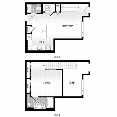 Floor plan for 1 bed, 1.5 baths, 891 sqft