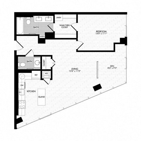 Floor plan for 1 bed, 1.5 baths, 952 sqft