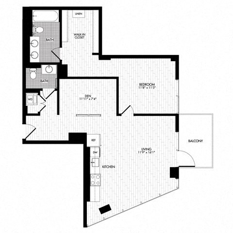 Floor plan for 1 bed, 1.5 baths, 975 sqft