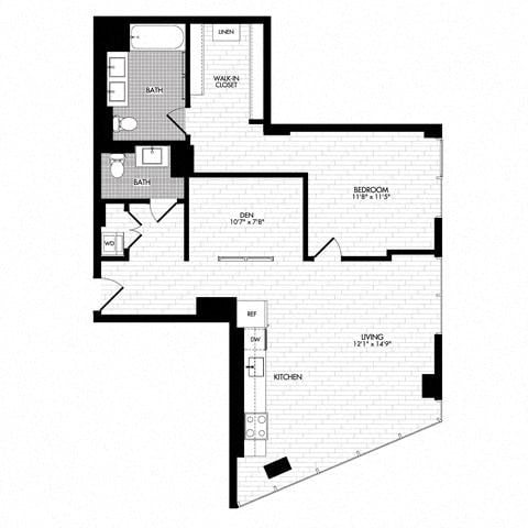 Floor plan for 1 bed, 1.5 baths, 976 sqft