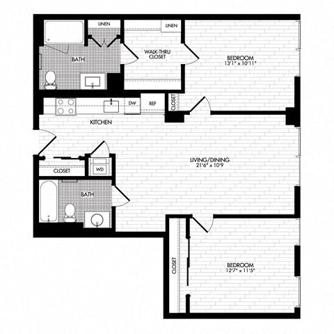 Floor plan for 2 beds, 2 baths, 990 sqft