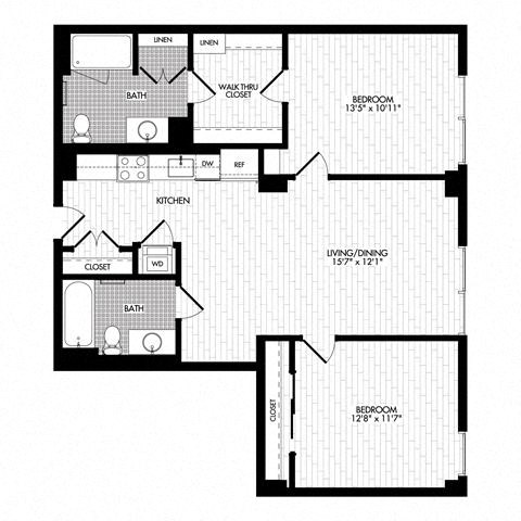 Floor plan for 2 beds, 2 baths, 991 sqft