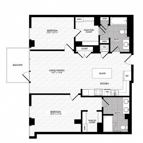 Floor plan for 2 beds, 2 baths, 1150 sqft