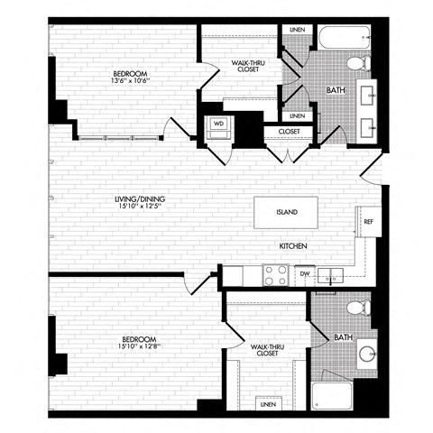 Floor plan for 2 beds, 2 baths, 1188 sqft