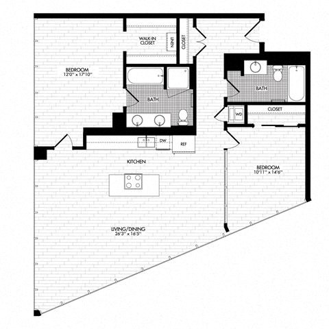 Floor plan for 2 beds, 2 baths, 1257 sqft