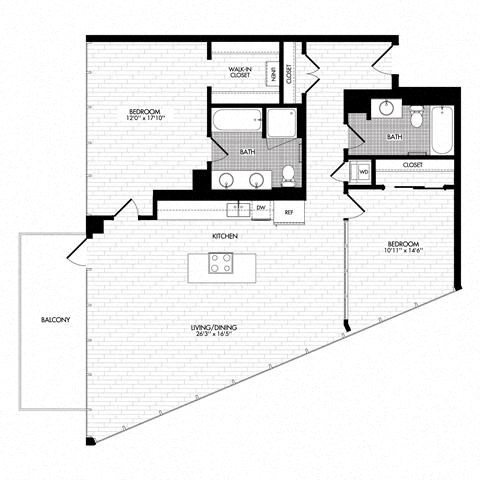 Floor plan for 2 beds, 2 baths, 1257 sqft