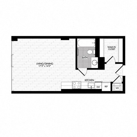 Floor plan for studio, 1 bath, 496 sqft