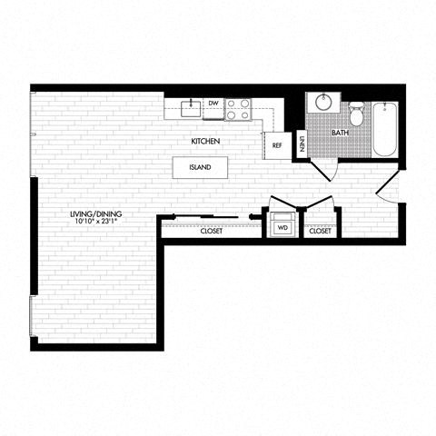 Floor plan for studio, 1 bath, 599 sqft