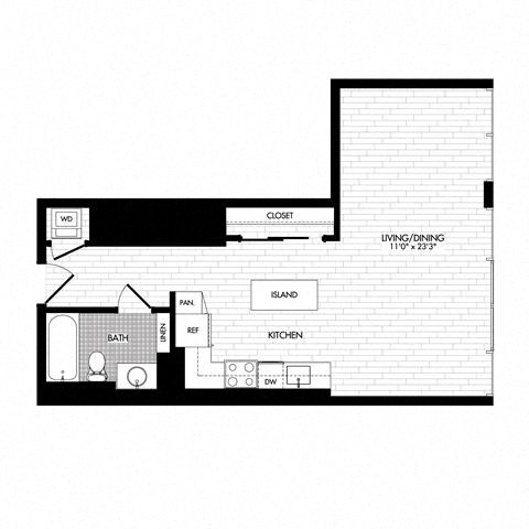 Floor plan for studio, 1 bath, 619 sqft