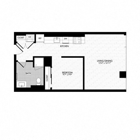 Floor plan for 1 bed, 1 bath, 594 sqft