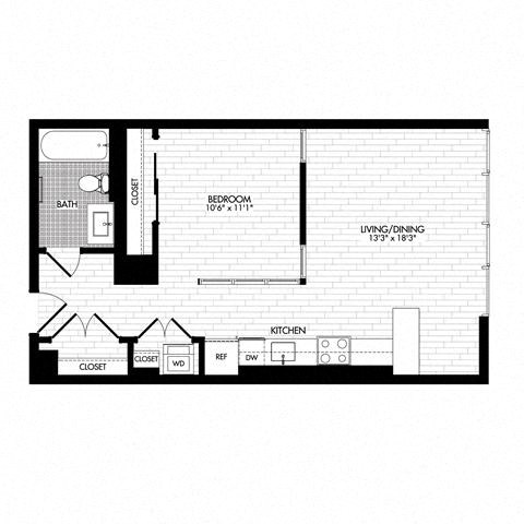 Floor plan for 1 bed, 1 bath, 648 sqft