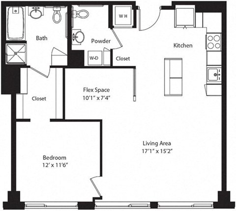 Floor plan for 1 bed, 1.5 baths, 884 sqft