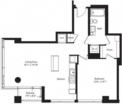 Floor plan for 1 bed, 1 bath, 923 sqft