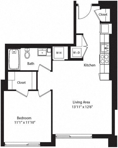 Floor plan for 1 bed, 1 bath, 649 sqft