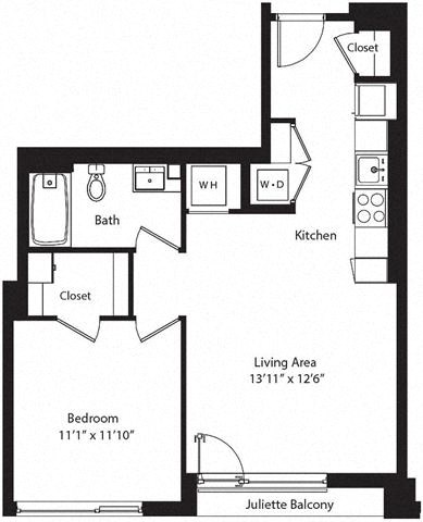 Floor plan for 1 bed, 1 bath, 649 sqft