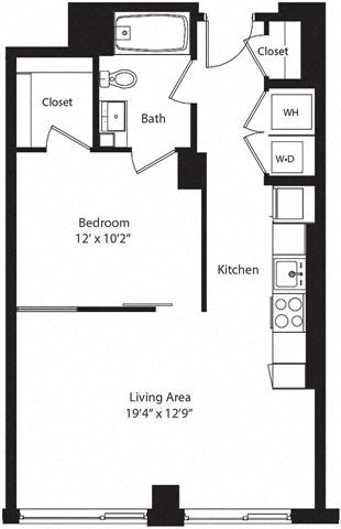 Floor plan for 1 bed, 1 bath, 655 sqft