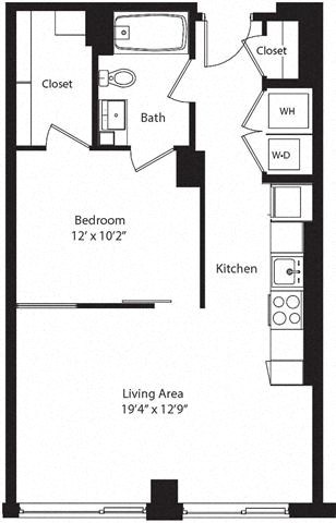 Floor plan for 1 bed, 1 bath, 655 sqft